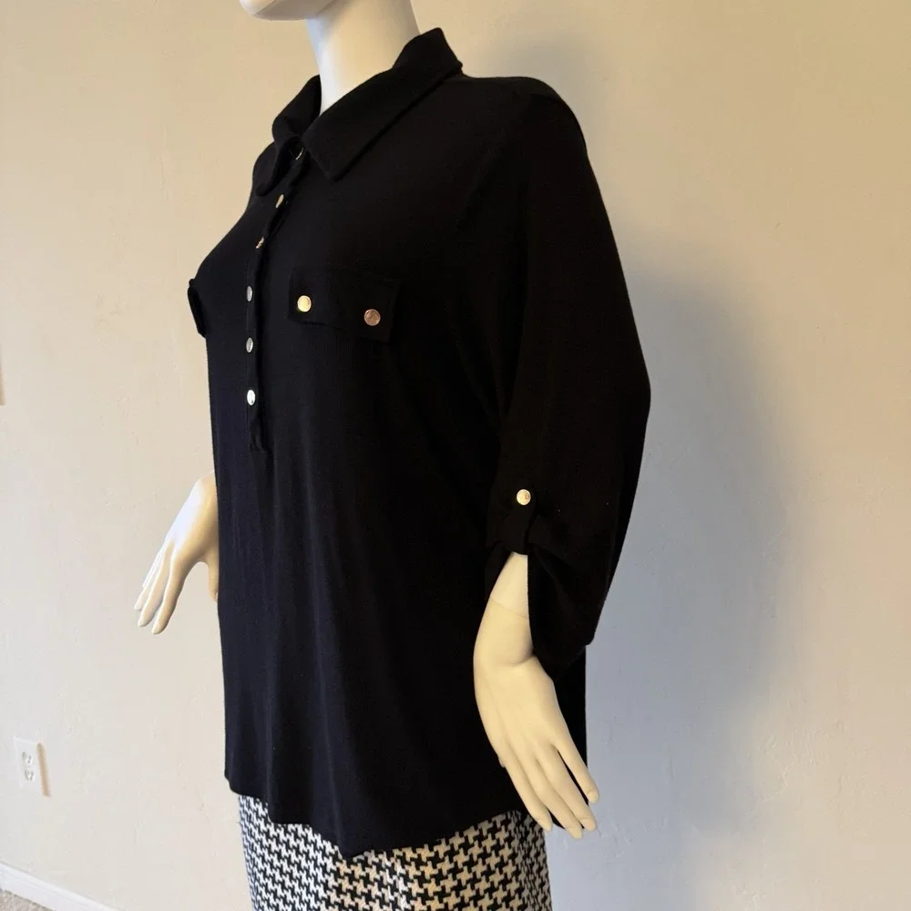 Carmen Marc Valvo Women's Knit Button Blouse Black Collared Plus‎ Size 2X - Picture 3 of 15